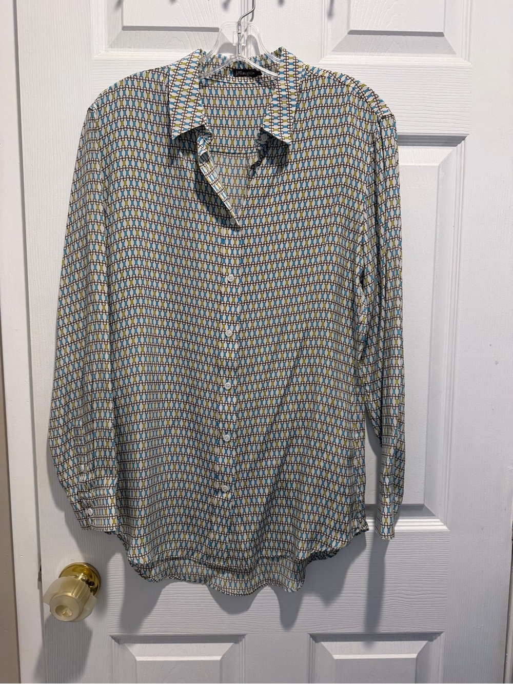 J. McLaughlin Green Blue Patterned Button Up Blouse